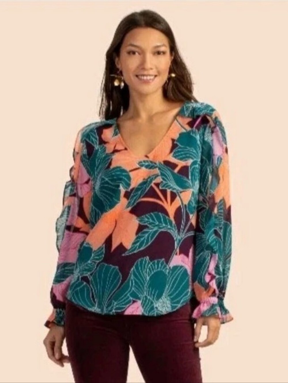 Trina Turk Floral Owl Ruffle-Trim Top